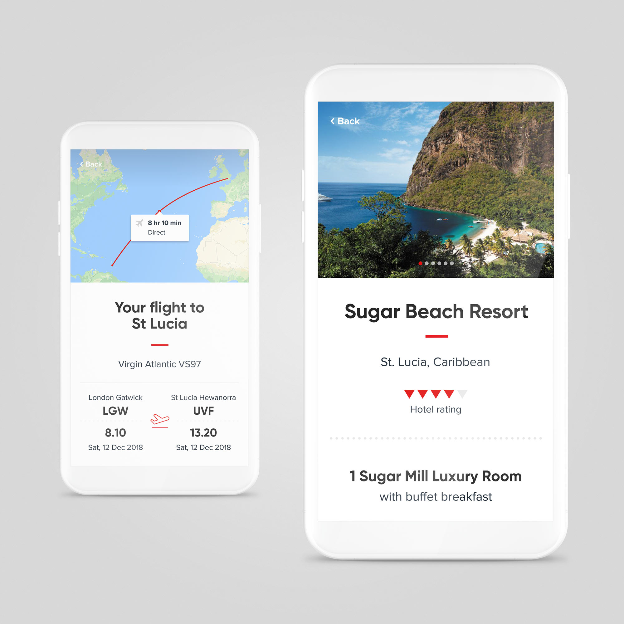 Flight details and hotel details in the Virgin Holidays app